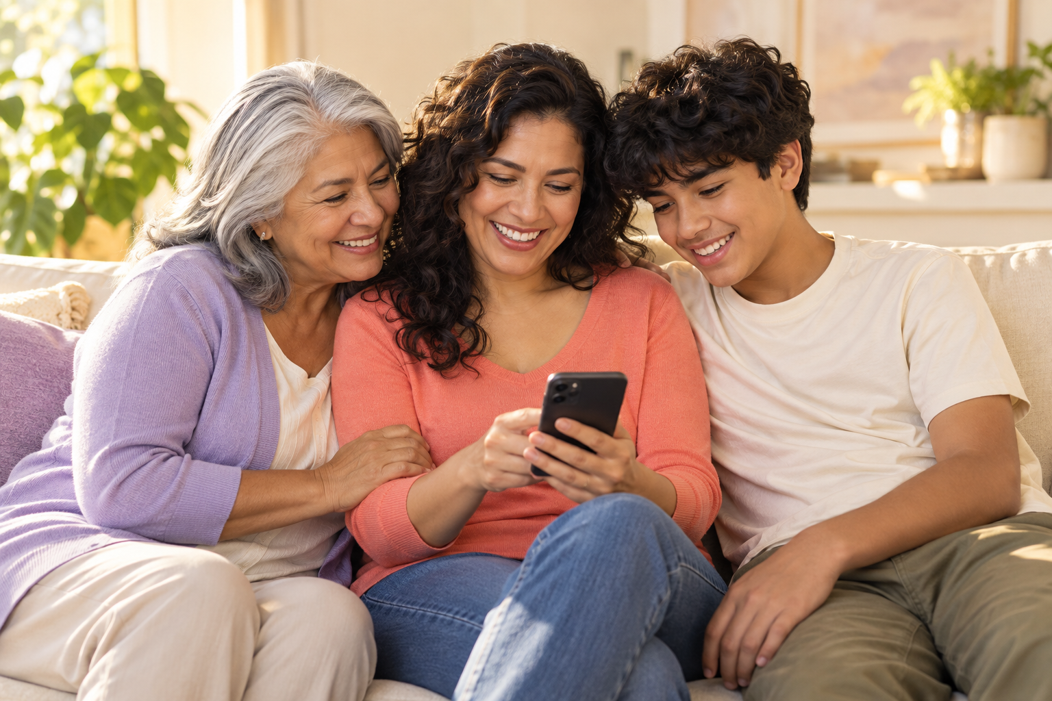 Three generations of a family sitting together on a sofa, smiling at one phone.