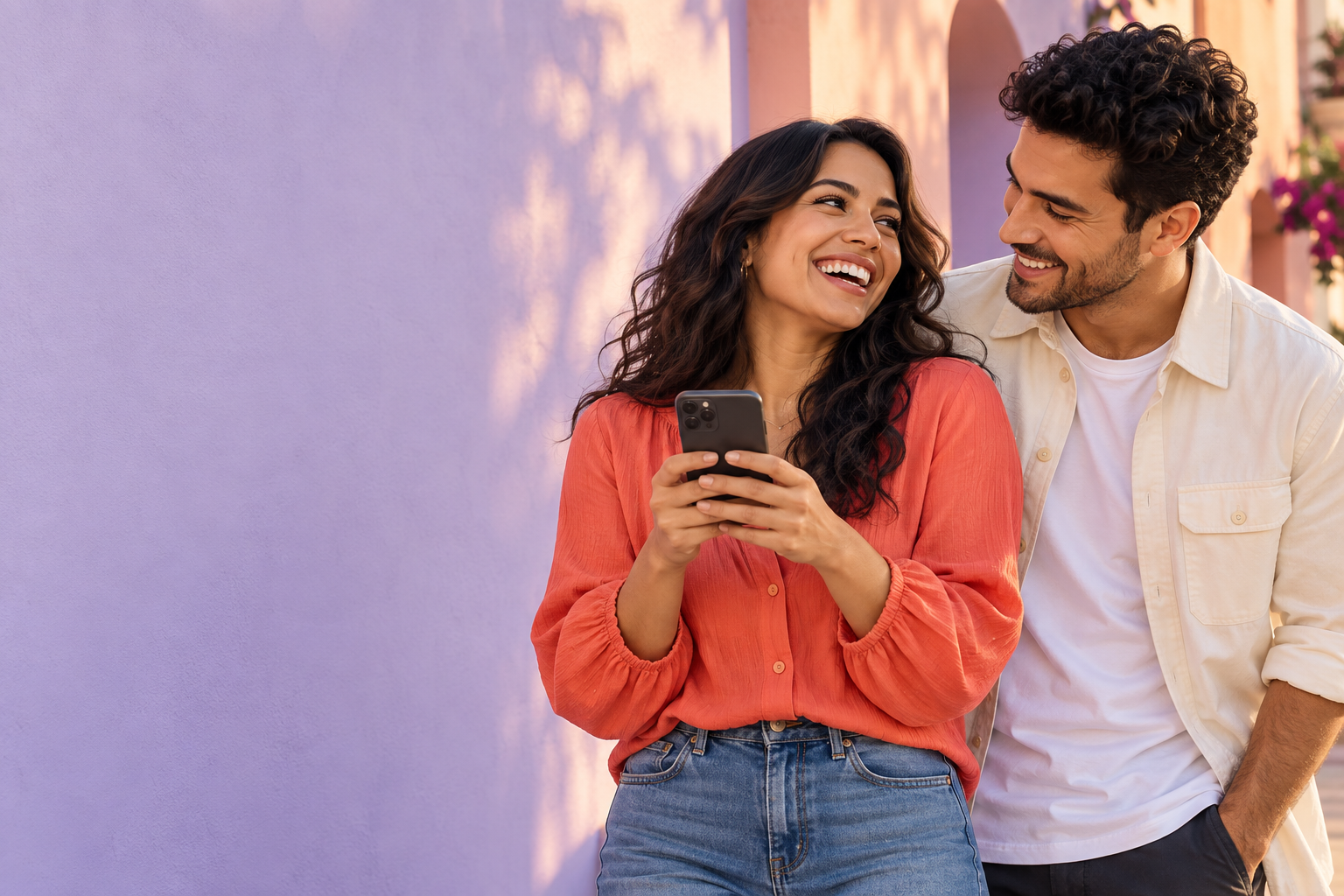 Two friends laughing together outside a lavender wall with a Comprende Mobile sign, one of them holding a phone.